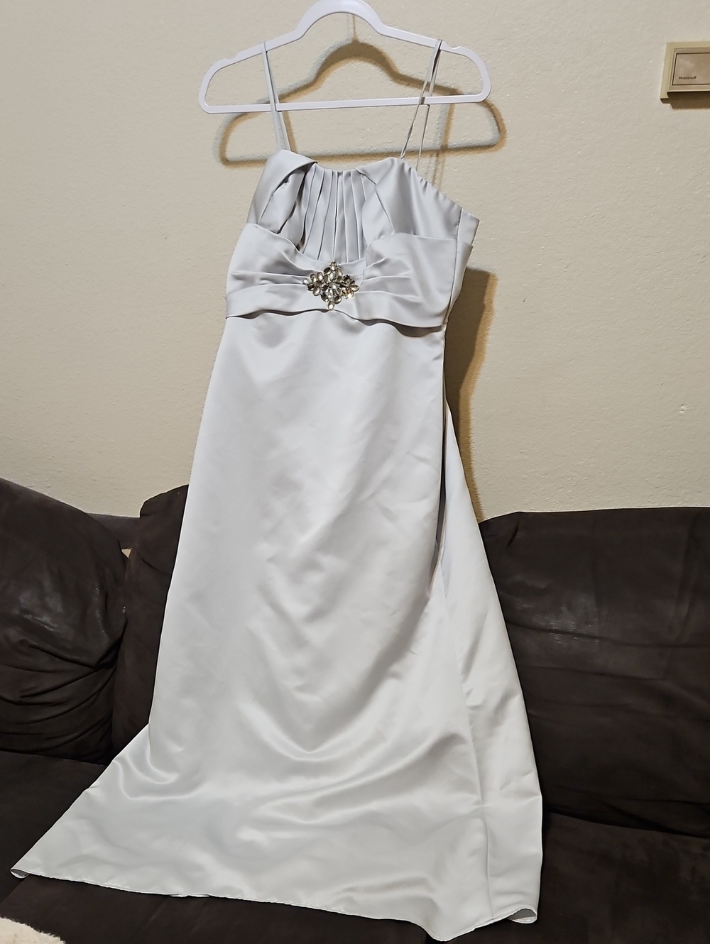 Occasion Silver Satin Spaghetti-Strap Maxi Dress with Jeweled Waist